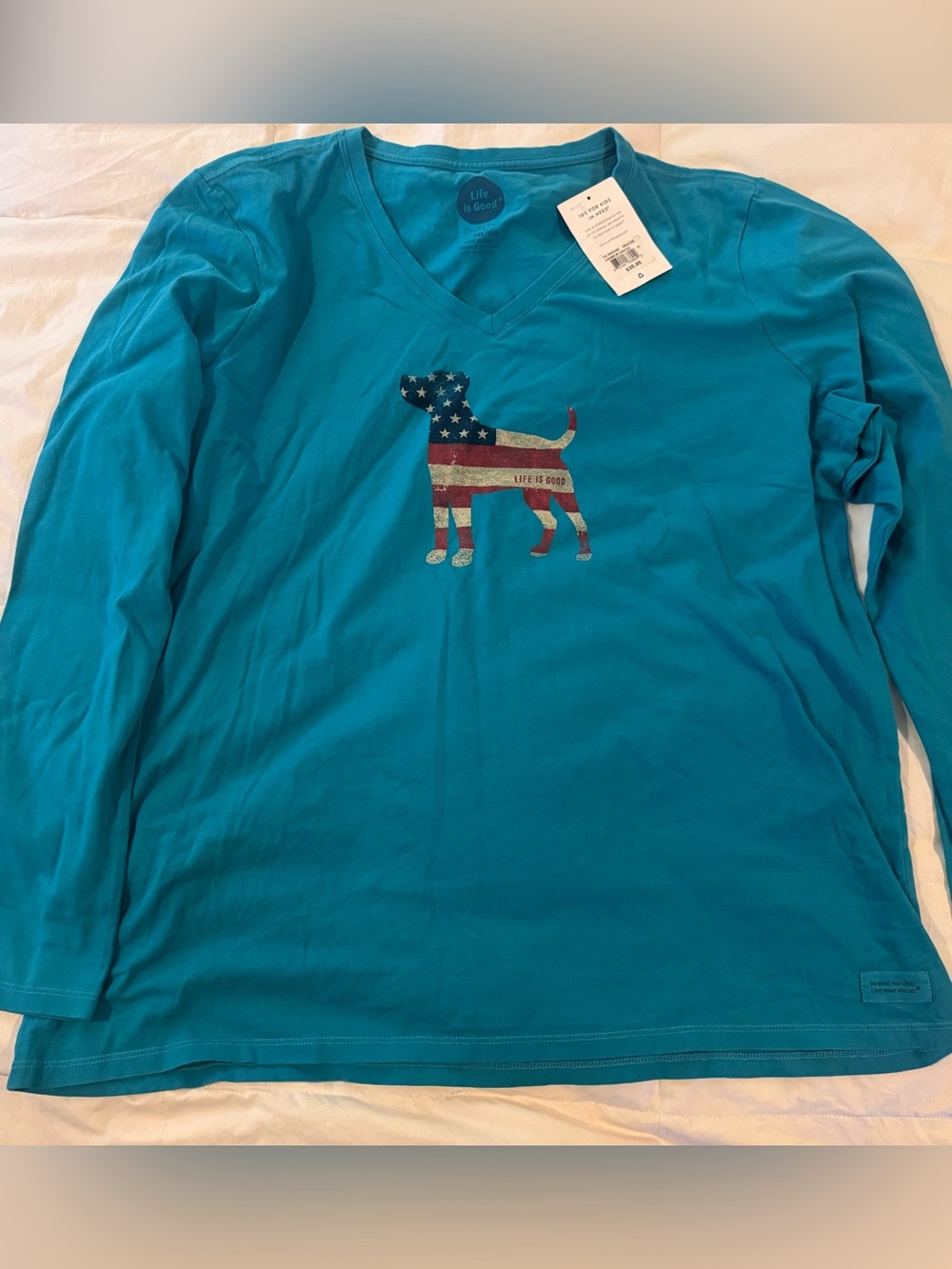 Life Is Good Women’s XXL Teal Long‑Sleeve V‑Neck Tee with Patriotic Dog Graphic